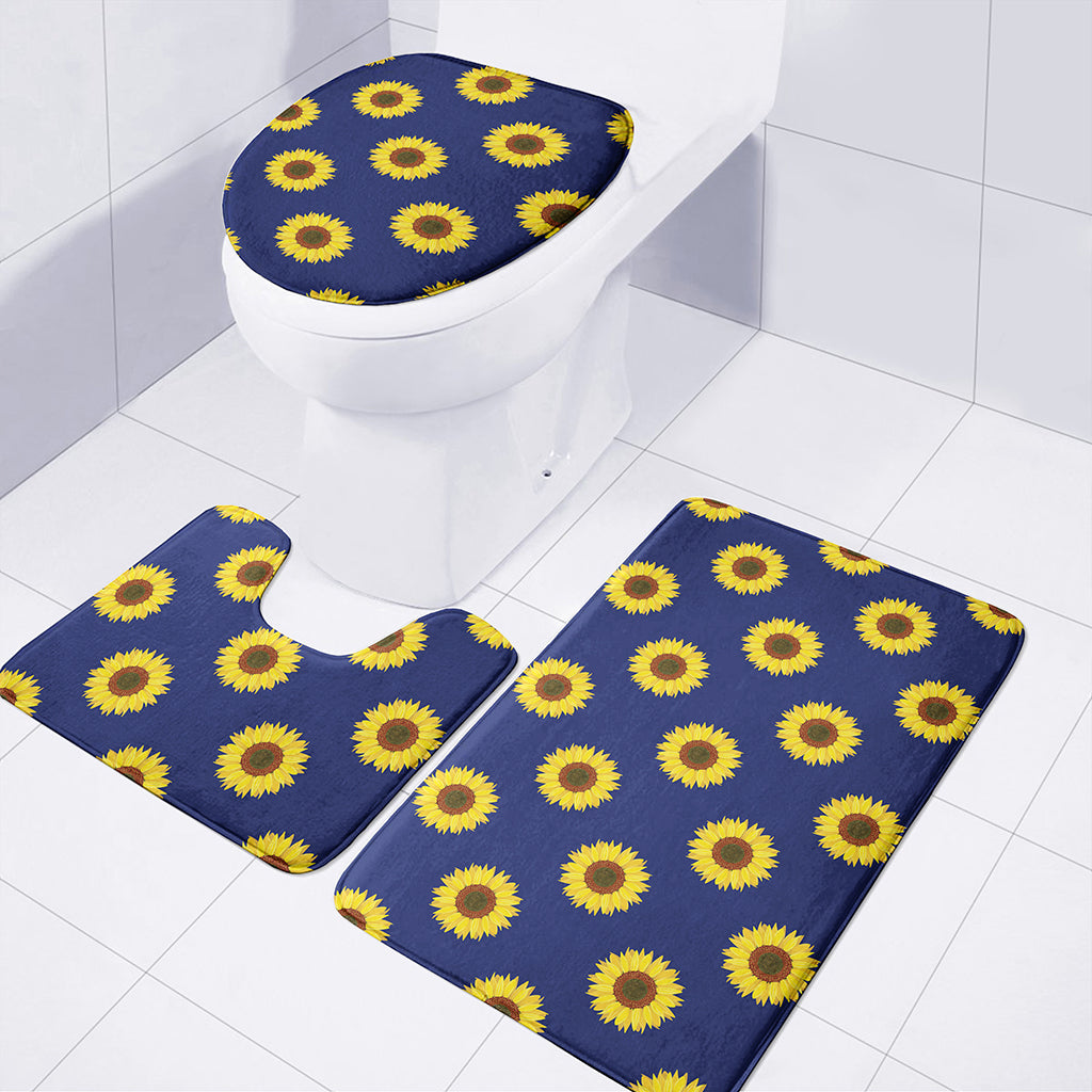 Navy Sunflower Pattern Print 3 Piece Bath Mat Set