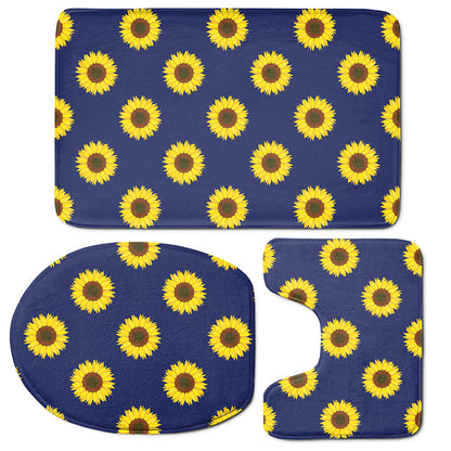 Navy Sunflower Pattern Print 3 Piece Bath Mat Set