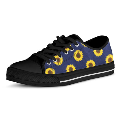 Navy Sunflower Pattern Print Black Low Top Shoes
