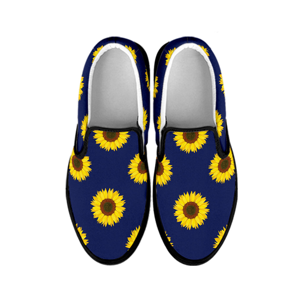 Navy Sunflower Pattern Print Black Slip On Shoes