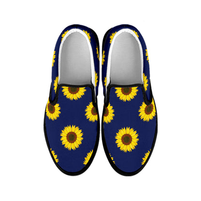 Navy Sunflower Pattern Print Black Slip On Shoes