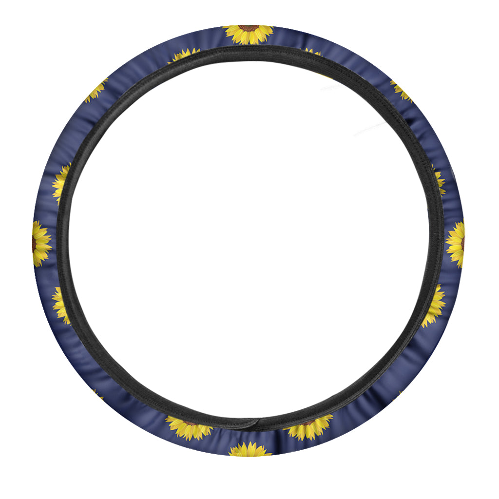 Navy Sunflower Pattern Print Car Steering Wheel Cover