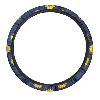 Navy Sunflower Pattern Print Car Steering Wheel Cover
