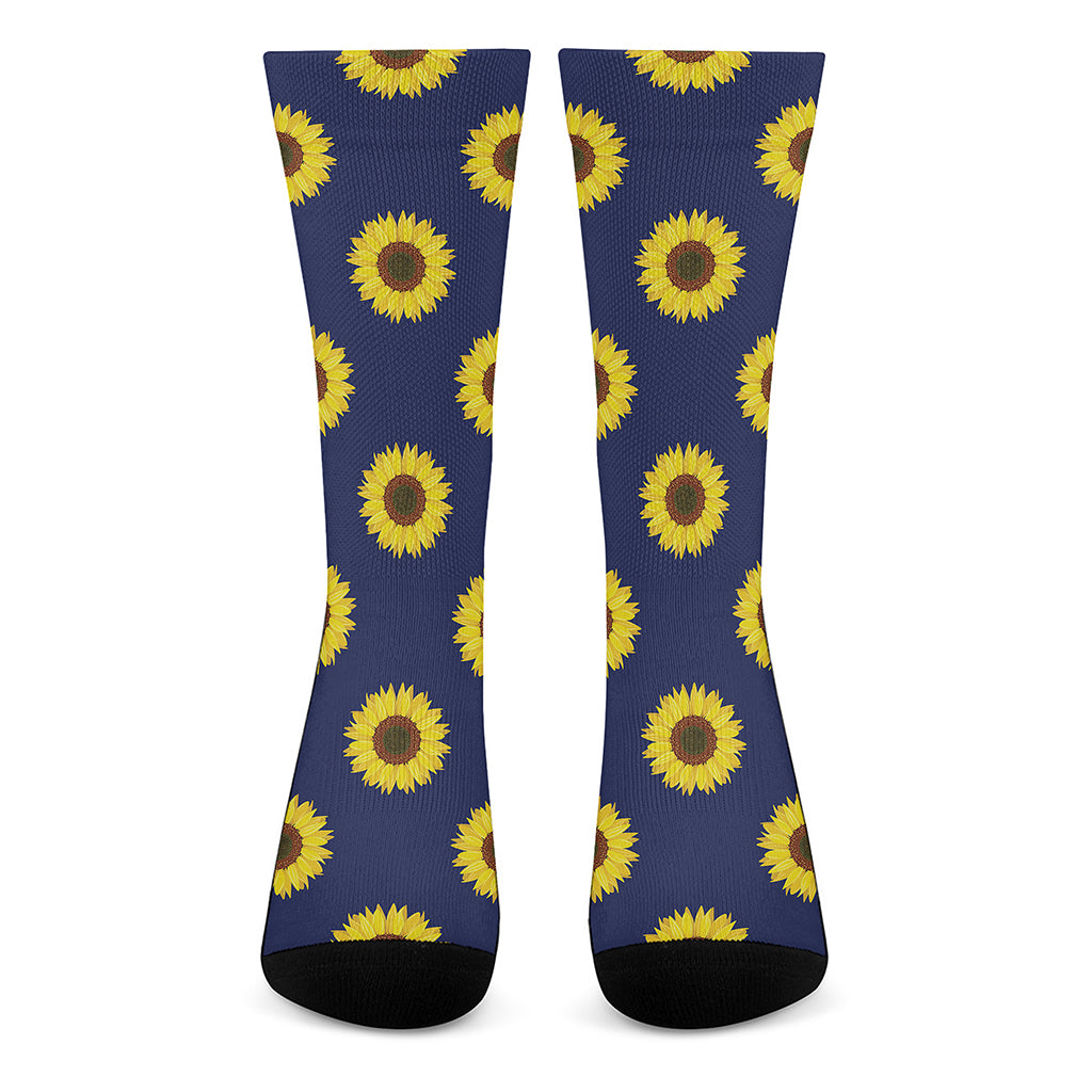 Navy Sunflower Pattern Print Crew Socks