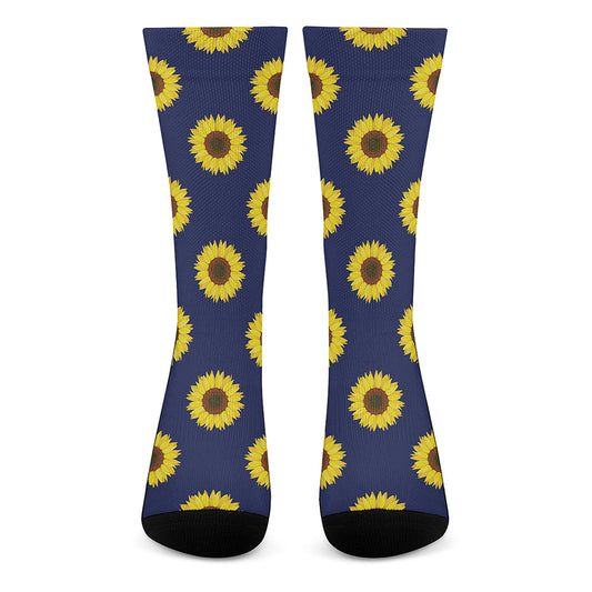 Navy Sunflower Pattern Print Crew Socks
