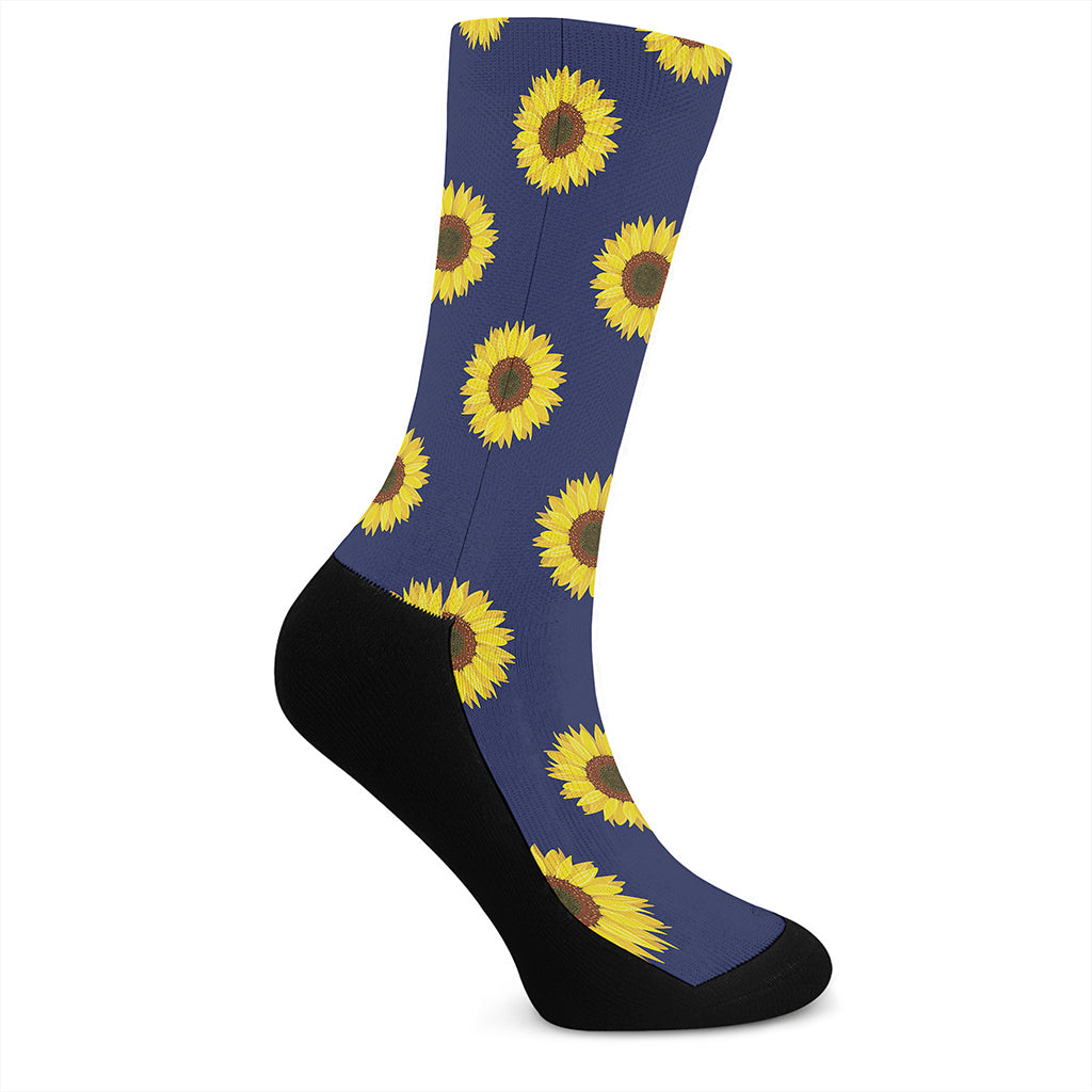 Navy Sunflower Pattern Print Crew Socks