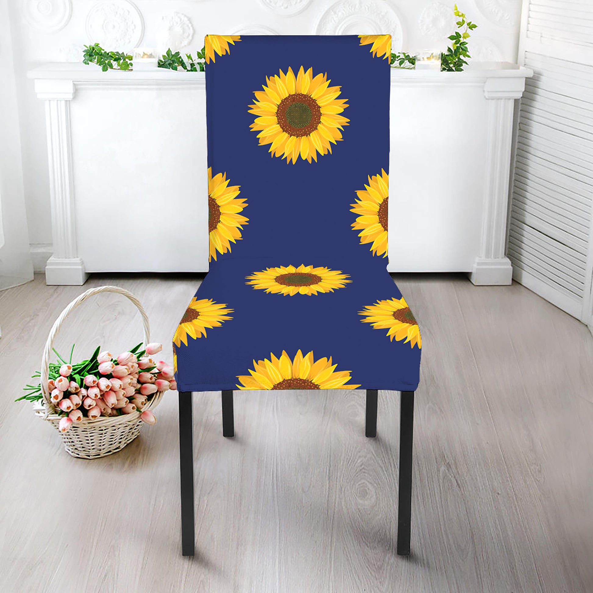Navy Sunflower Pattern Print Dining Chair Slipcover