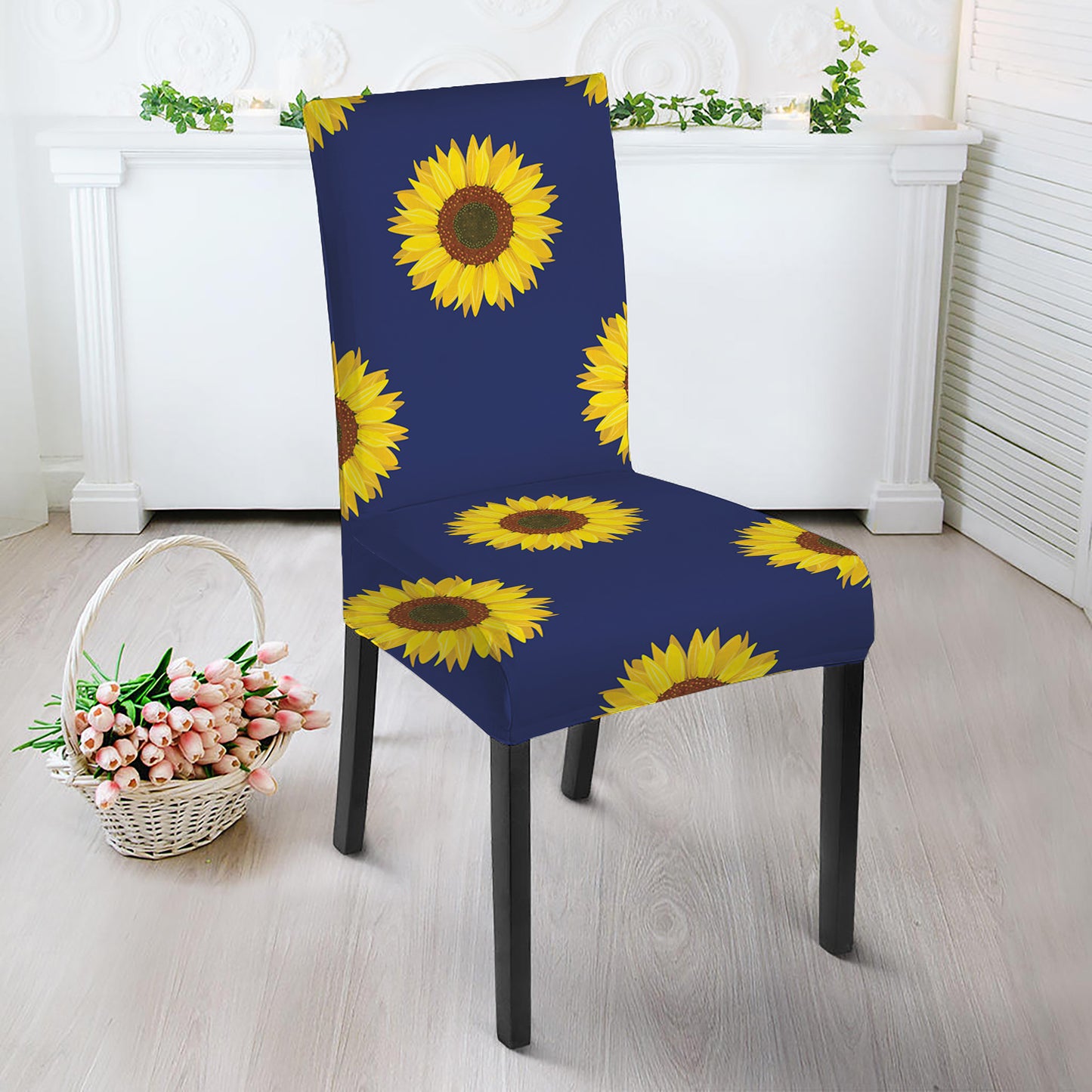 Navy Sunflower Pattern Print Dining Chair Slipcover