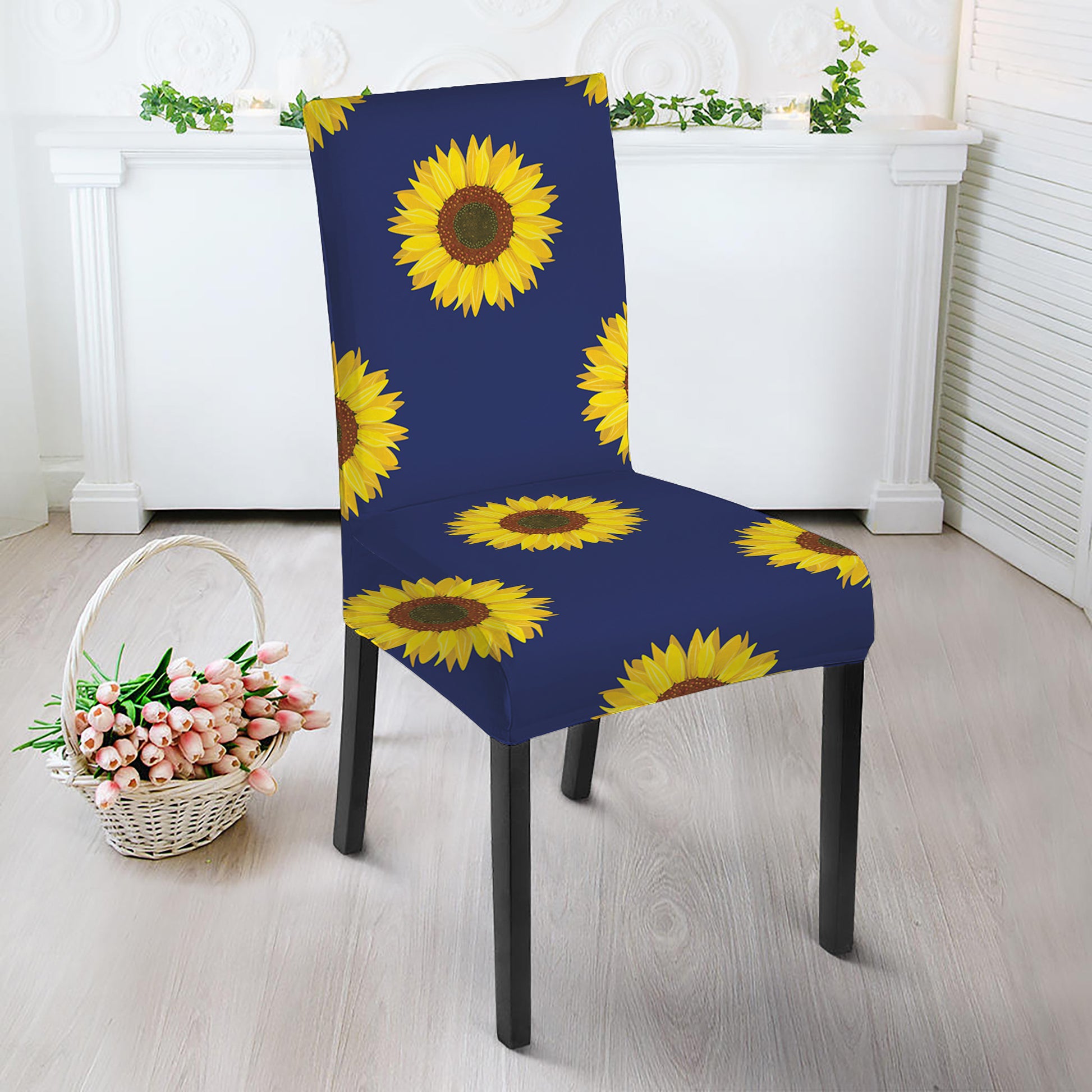 Navy Sunflower Pattern Print Dining Chair Slipcover