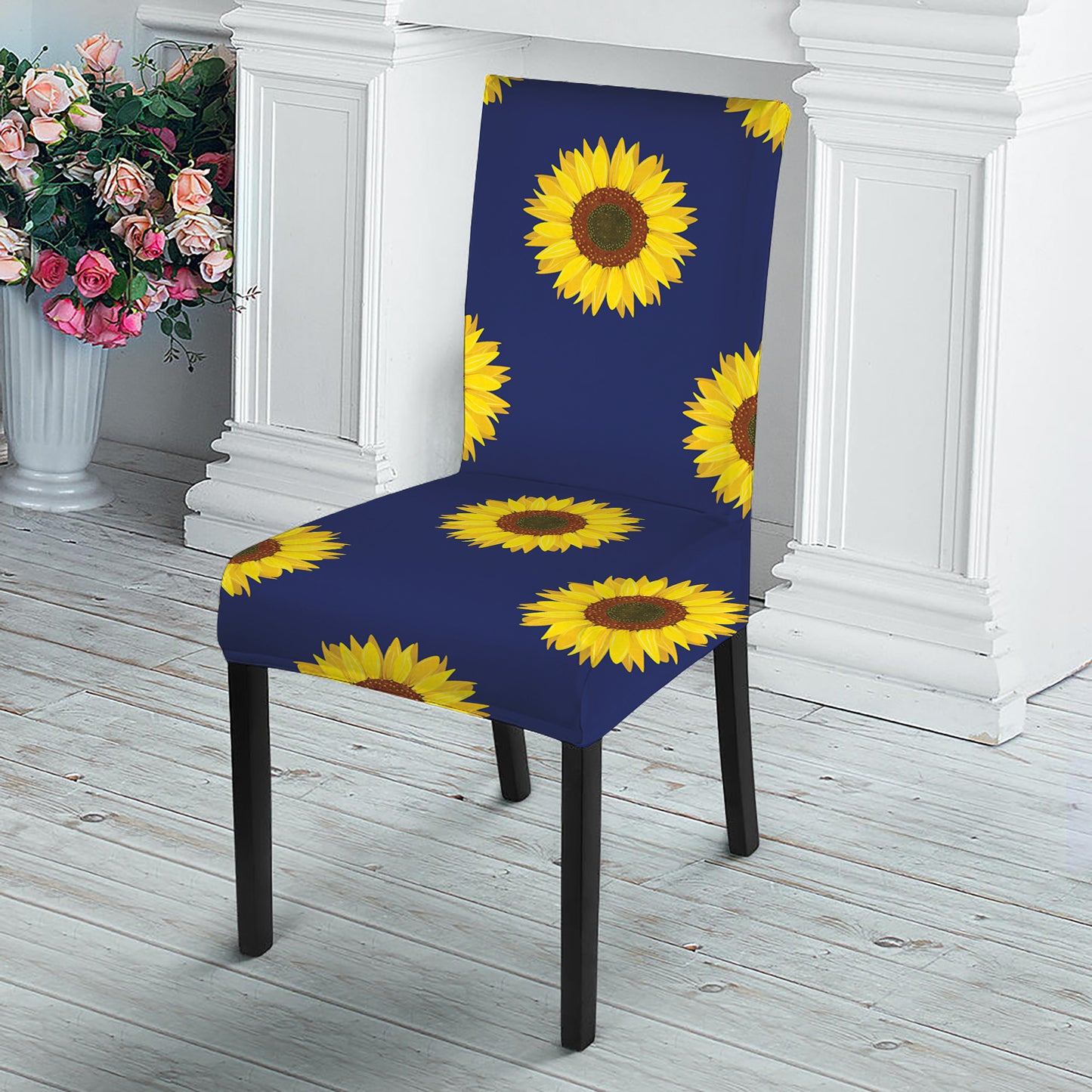 Navy Sunflower Pattern Print Dining Chair Slipcover