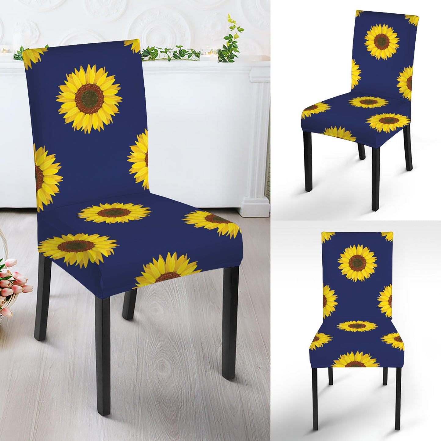 Navy Sunflower Pattern Print Dining Chair Slipcover