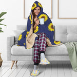 Navy Sunflower Pattern Print Hooded Blanket