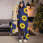 Navy Sunflower Pattern Print Hooded Blanket
