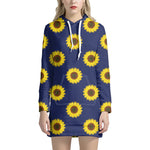 Navy Sunflower Pattern Print Hoodie Dress