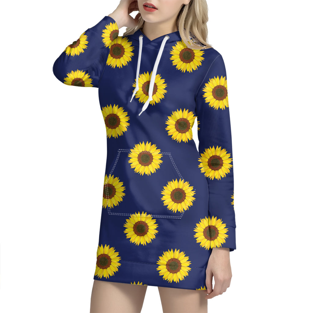 Navy Sunflower Pattern Print Hoodie Dress