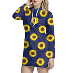 Navy Sunflower Pattern Print Hoodie Dress