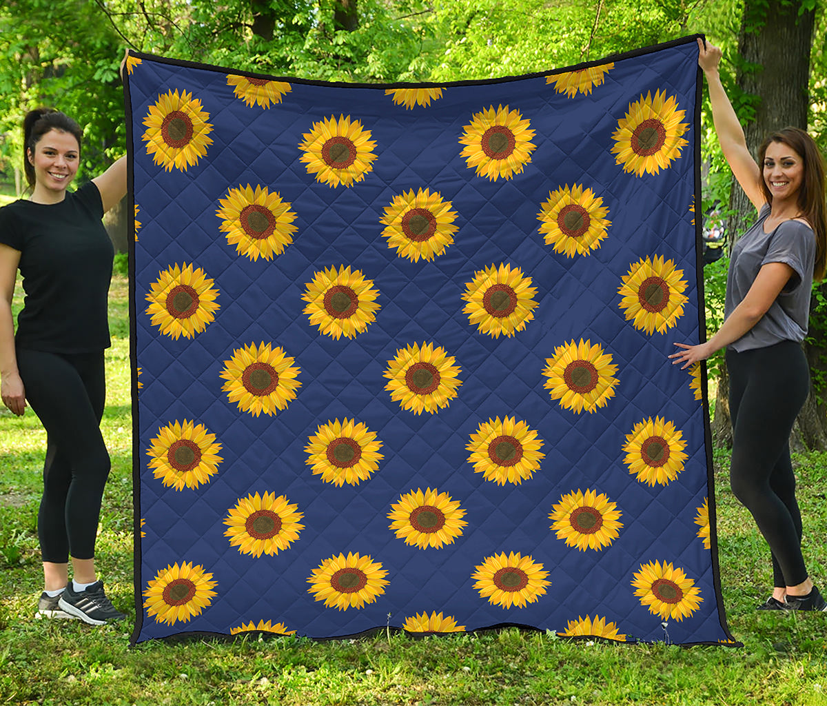 Navy Sunflower Pattern Print Quilt