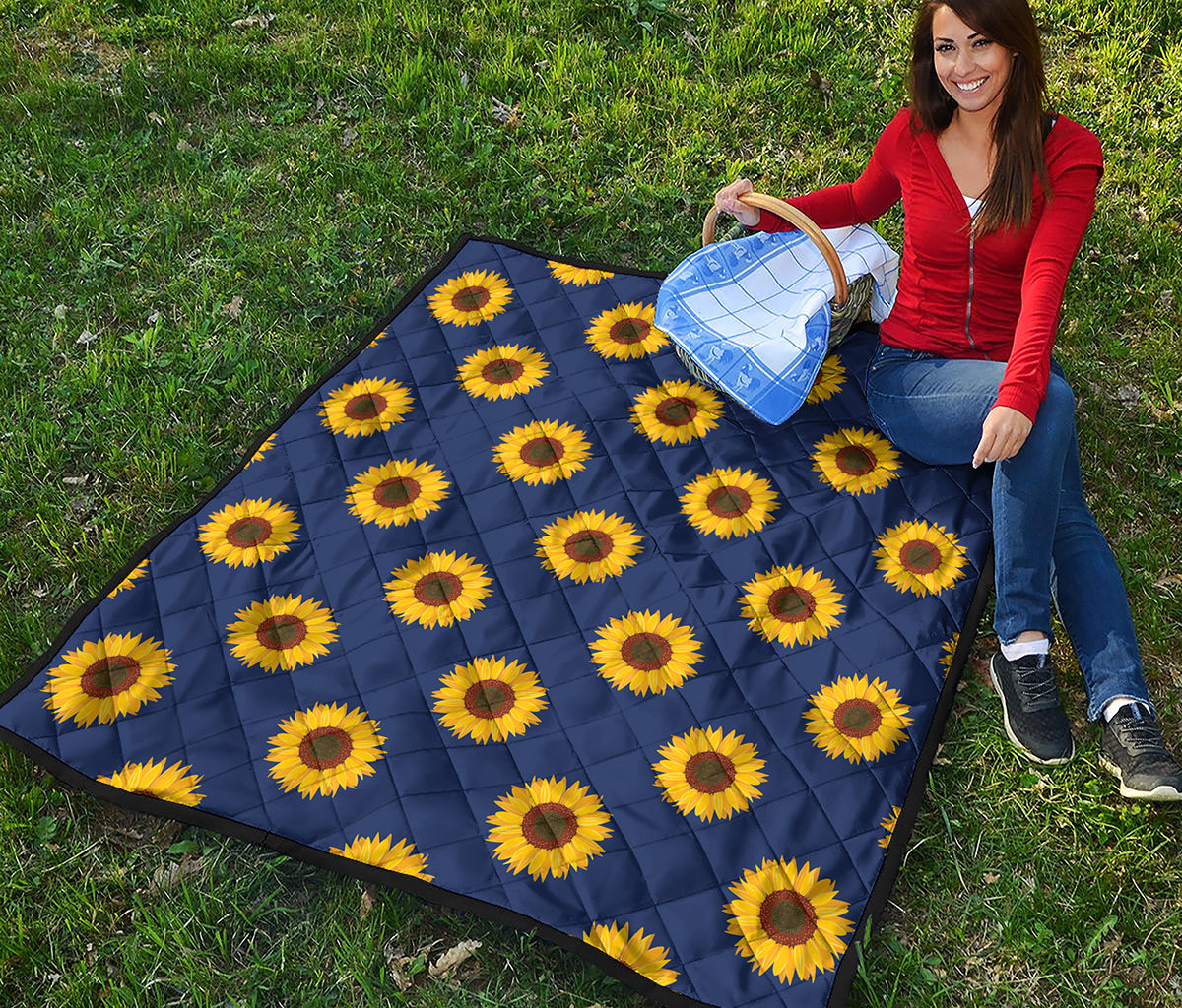 Navy Sunflower Pattern Print Quilt