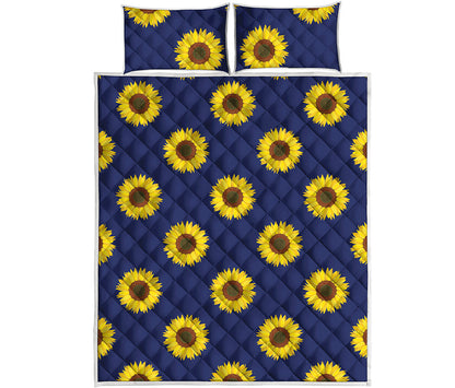 Navy Sunflower Pattern Print Quilt Bed Set