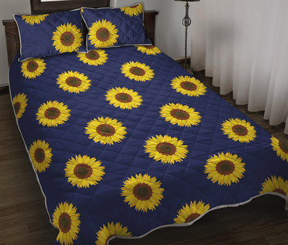 Navy Sunflower Pattern Print Quilt Bed Set