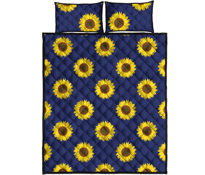 Navy Sunflower Pattern Print Quilt Bed Set