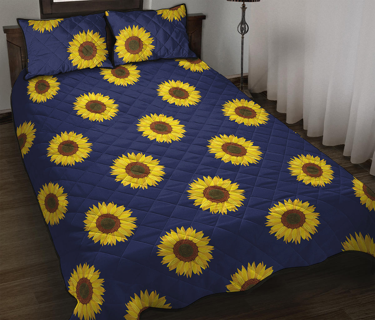 Navy Sunflower Pattern Print Quilt Bed Set