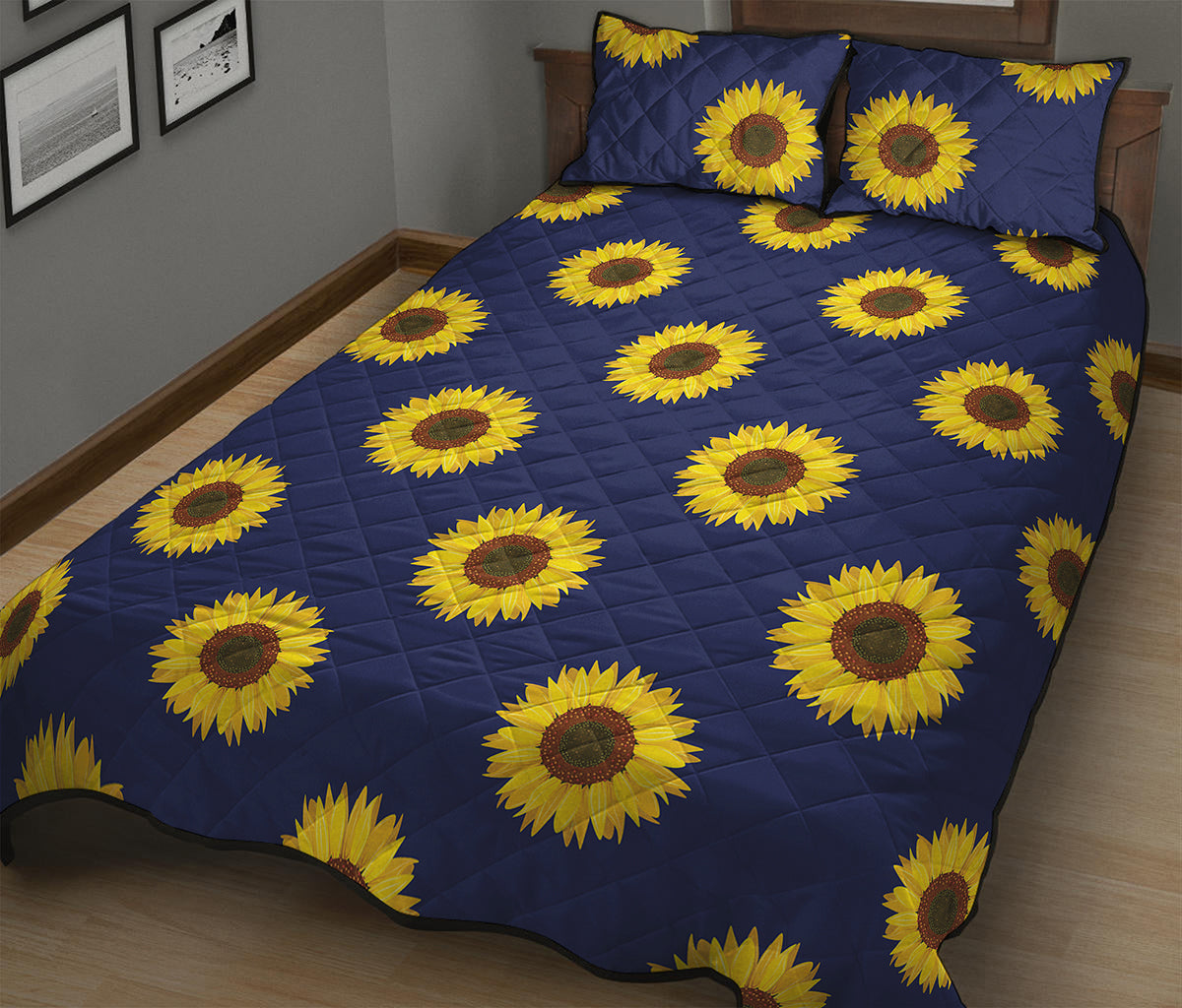 Navy Sunflower Pattern Print Quilt Bed Set