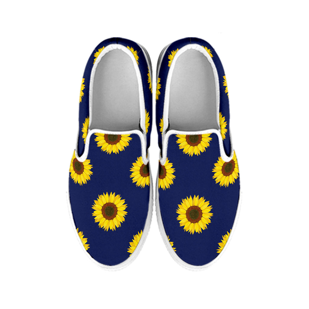 Navy Sunflower Pattern Print White Slip On Shoes