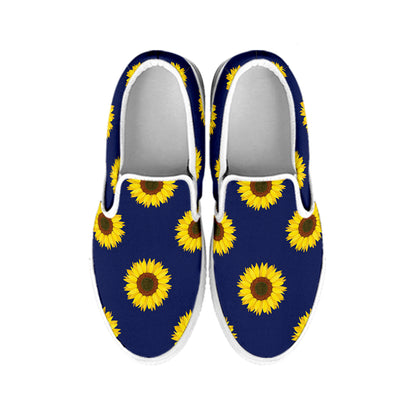 Navy Sunflower Pattern Print White Slip On Shoes