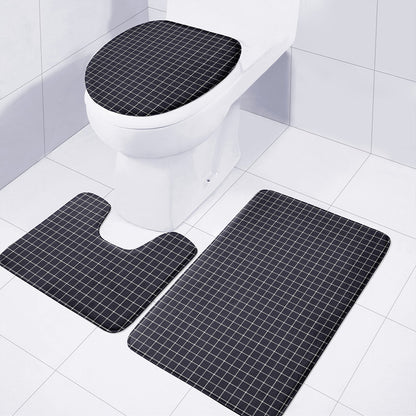 Navy Tattersall Pattern Print 3 Piece Bath Mat Set