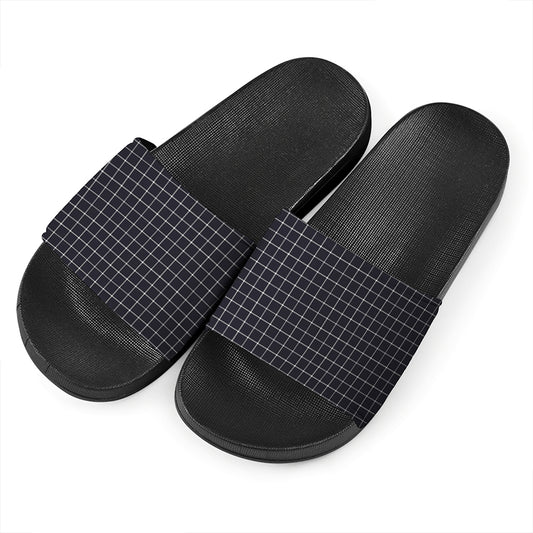 Navy Tattersall Pattern Print Black Slide Sandals