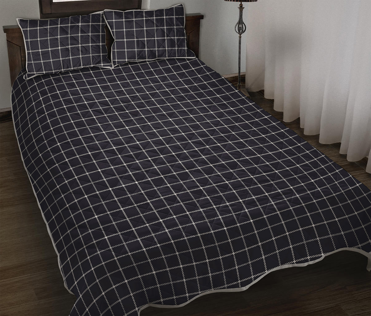 Navy Tattersall Pattern Print Quilt Bed Set