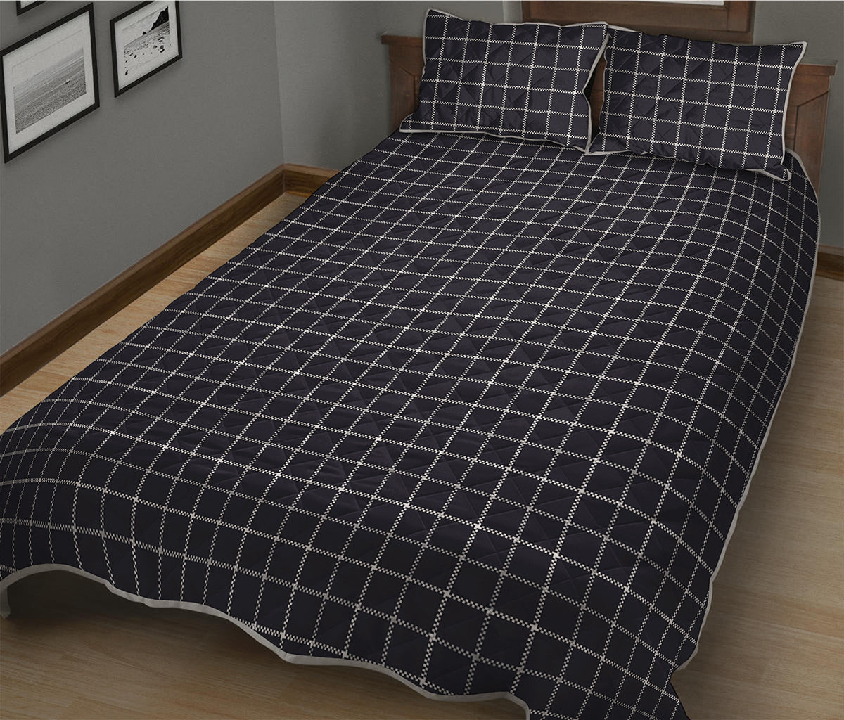 Navy Tattersall Pattern Print Quilt Bed Set
