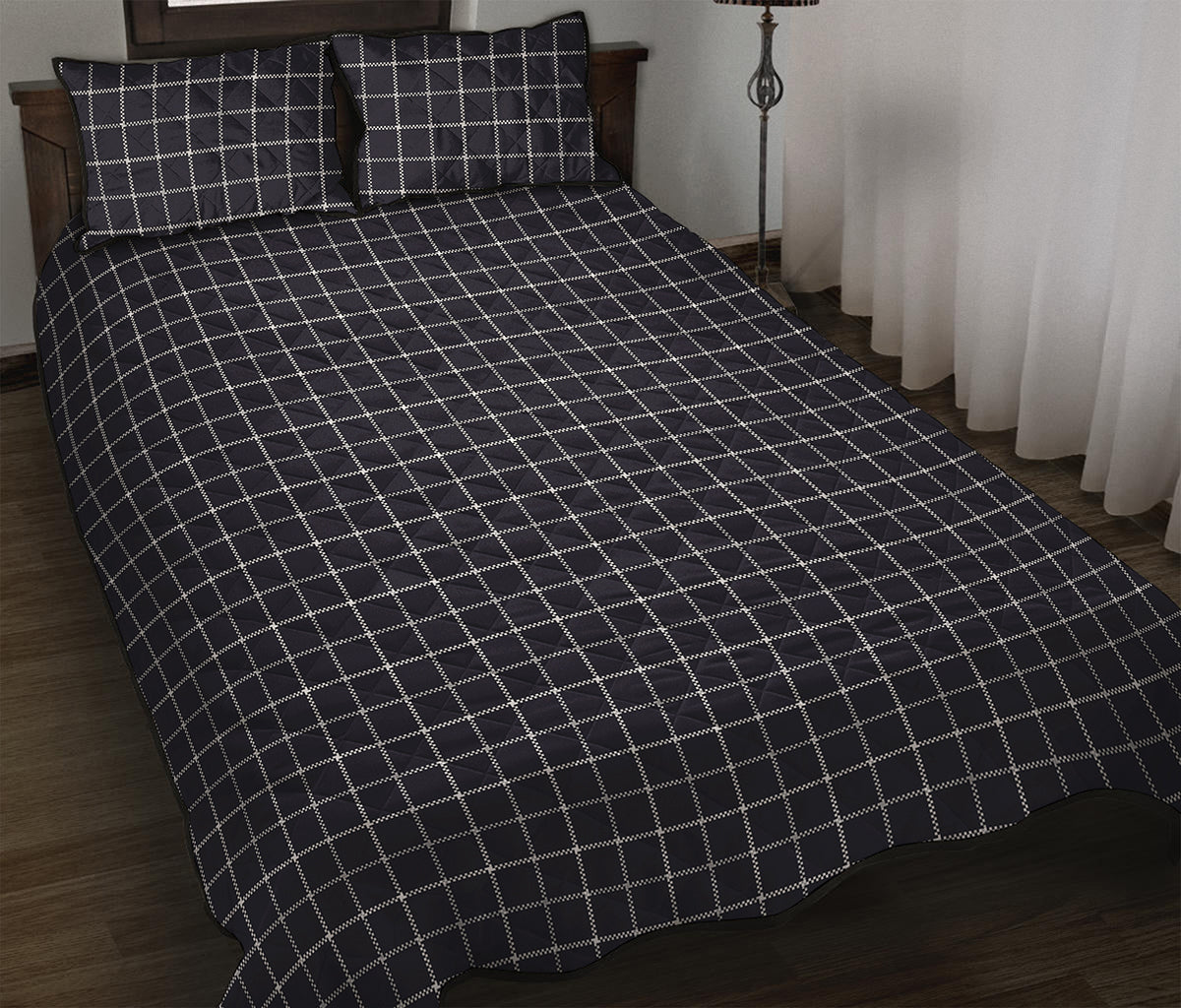 Navy Tattersall Pattern Print Quilt Bed Set