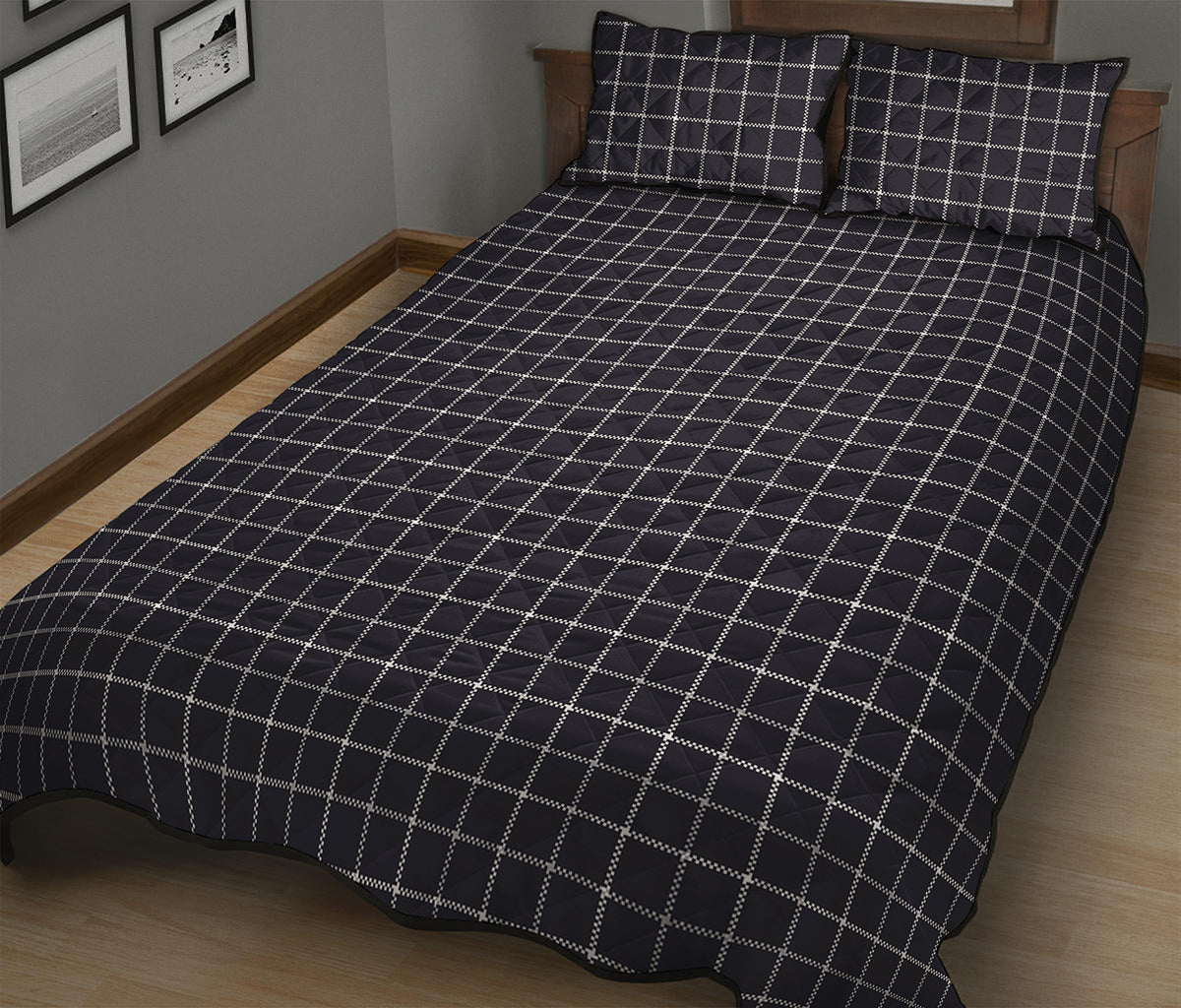 Navy Tattersall Pattern Print Quilt Bed Set