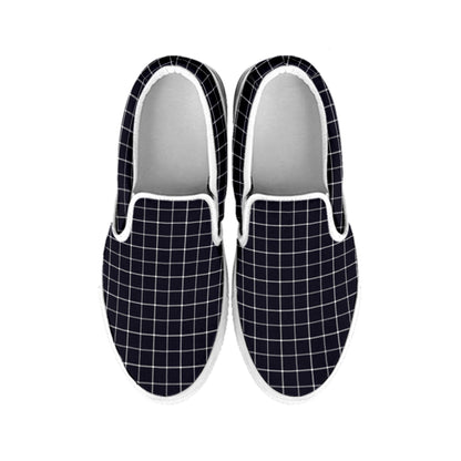 Navy Tattersall Pattern Print White Slip On Shoes