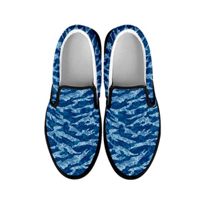 Navy Tiger Stripe Camo Pattern Print Black Slip On Shoes