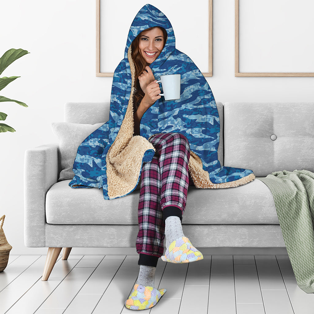 Navy Tiger Stripe Camo Pattern Print Hooded Blanket