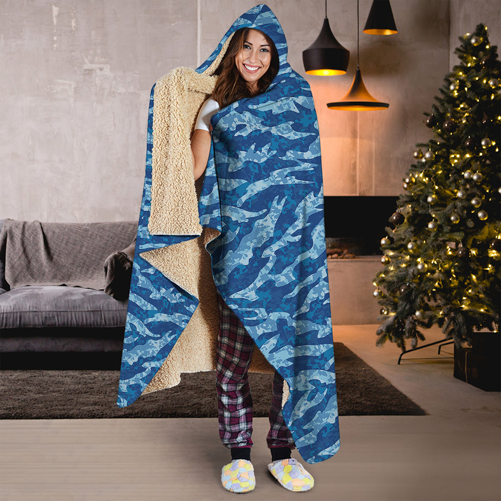 Navy Tiger Stripe Camo Pattern Print Hooded Blanket