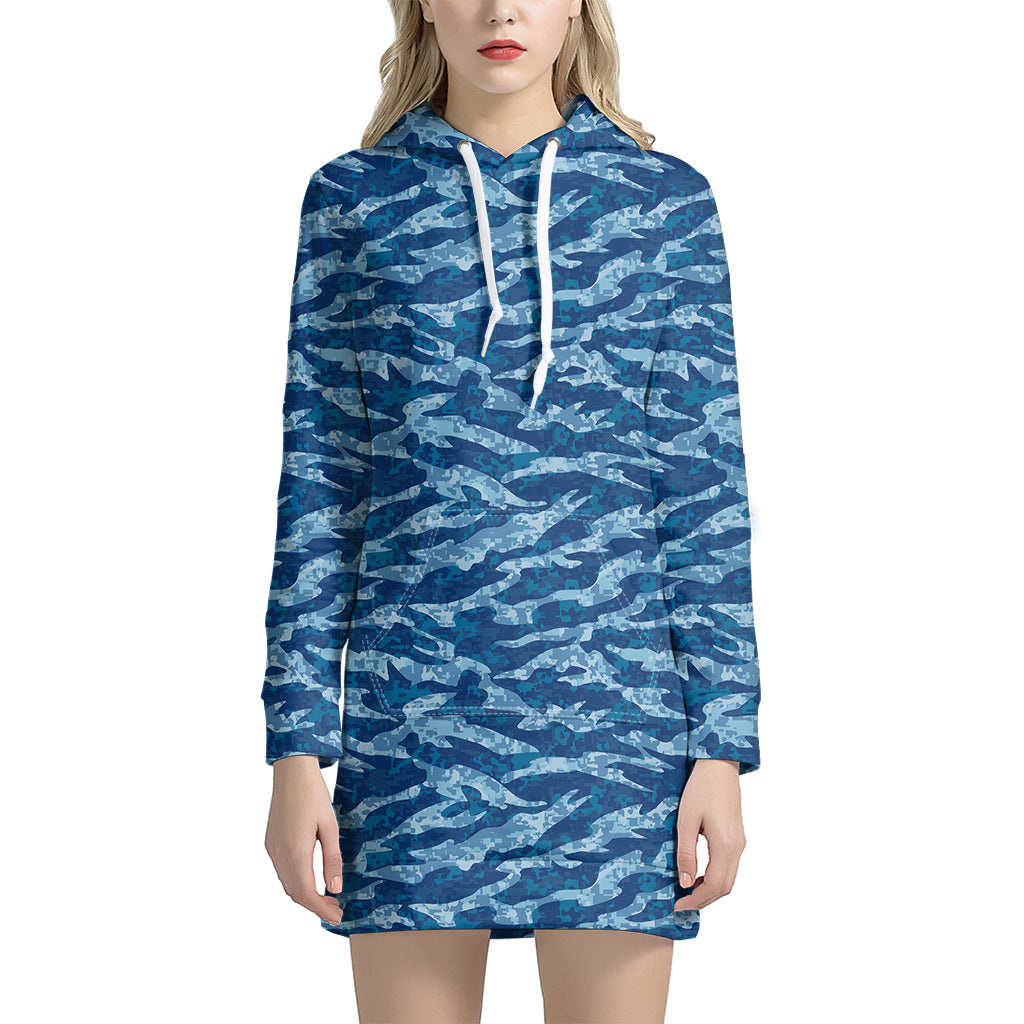 Navy Tiger Stripe Camo Pattern Print Hoodie Dress