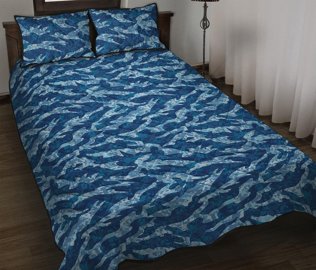 Navy Tiger Stripe Camo Pattern Print Quilt Bed Set