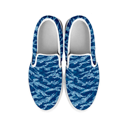 Navy Tiger Stripe Camo Pattern Print White Slip On Shoes
