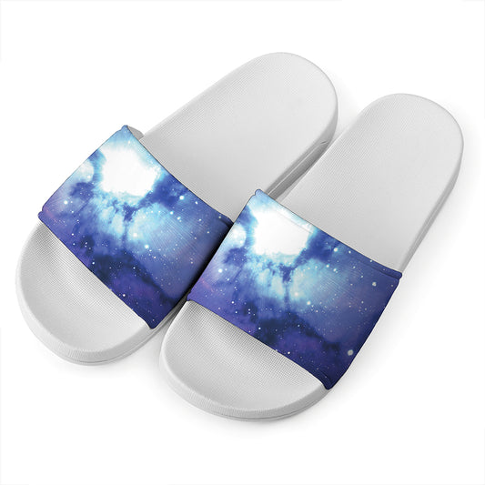Nebula Space Print White Slide Sandals