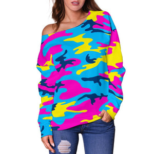 Neon Camouflage Print Off Shoulder Sweatshirt GearFrost