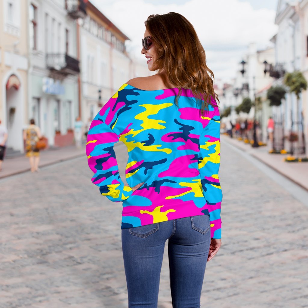 Neon Camouflage Print Off Shoulder Sweatshirt GearFrost