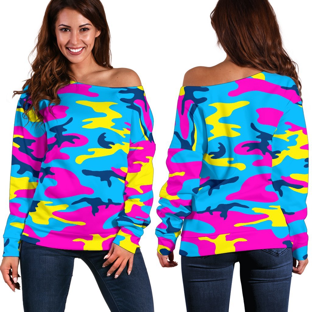 Neon Camouflage Print Off Shoulder Sweatshirt GearFrost