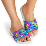 Neon Camouflage Print White Slide Sandals