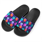 Neon EDM Zig Zag Pineapple Pattern Print Black Slide Sandals