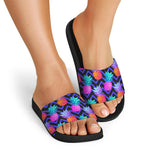 Neon EDM Zig Zag Pineapple Pattern Print Black Slide Sandals