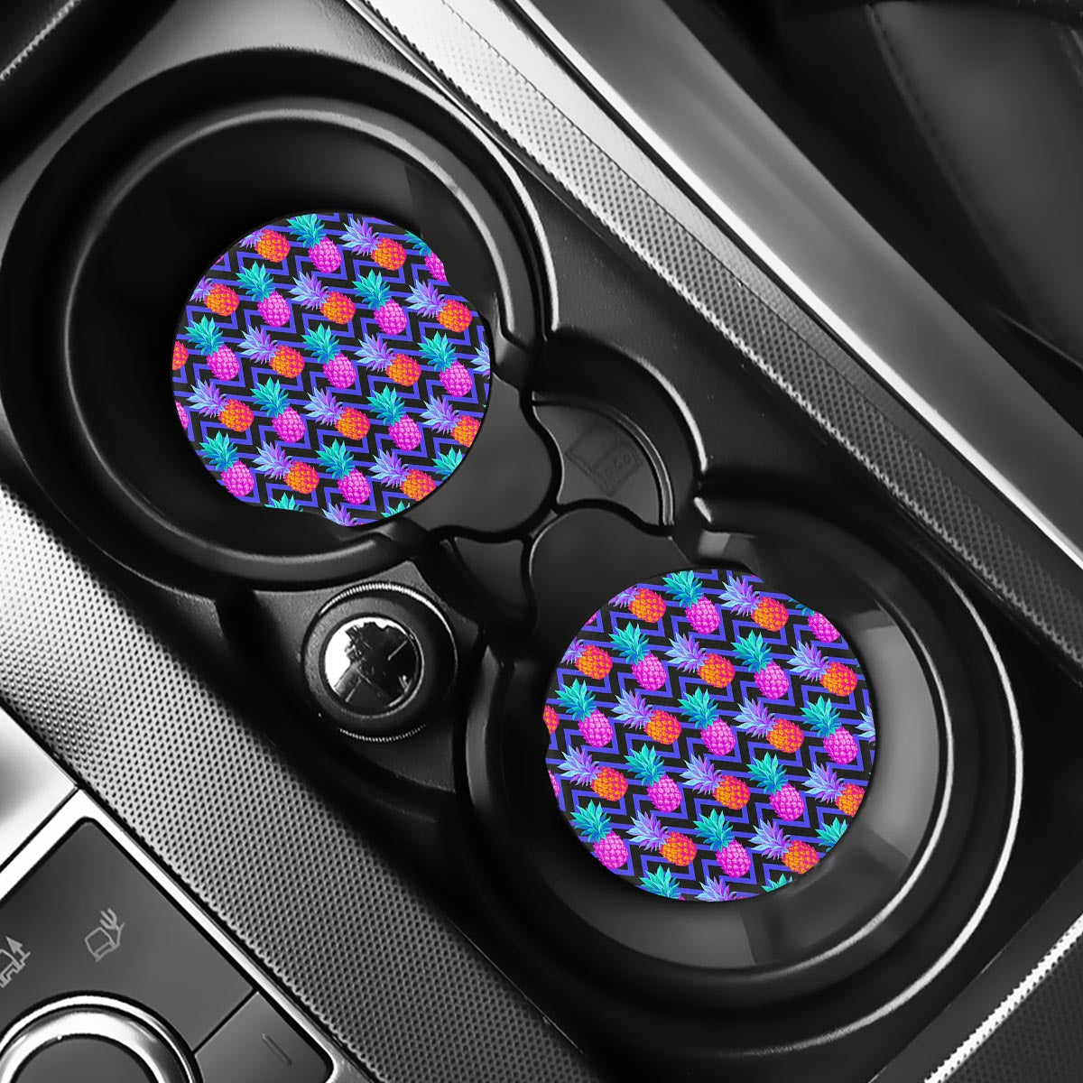 Neon EDM Zig Zag Pineapple Pattern Print Car Coasters